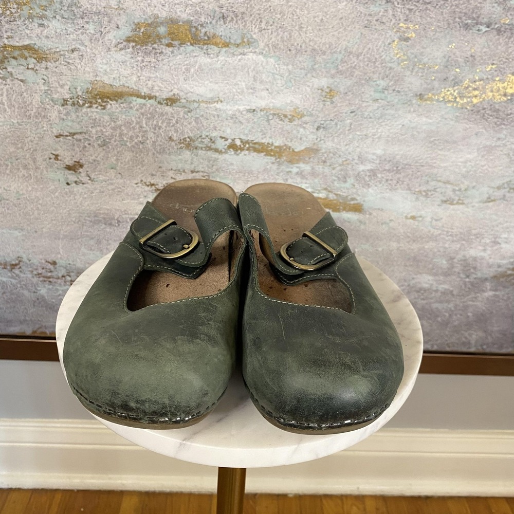 Dansko Clogs Shoes Womens Size 7.5 EU 38 Green Leather Buckle Slip On Comfort - Picture 3 of 9